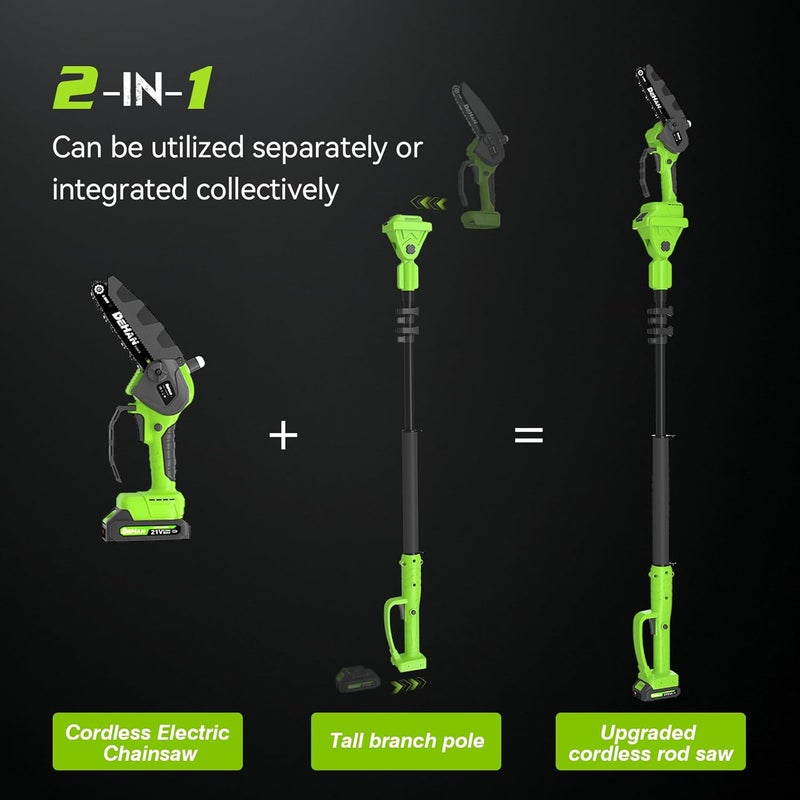DEHANTOOLS 2 IN 1 Electric Pole Saw Brushless 21V Battery Chainsaw Cordless with Rotatable Pole 15FT Max Reach, Shoulder Strap, Powered Pole Saw for Tree Trimming and Wood Cutting Tool (Green) - Image 3